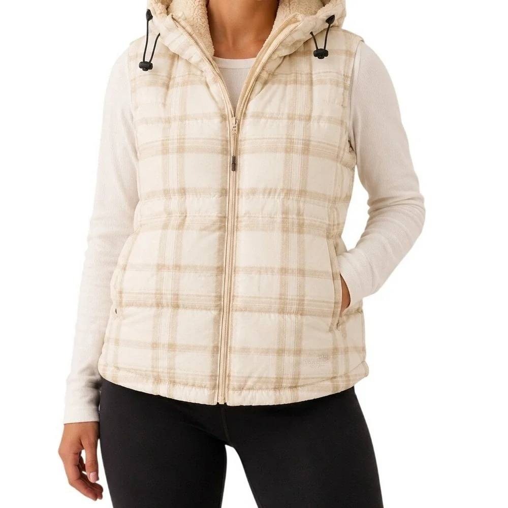 Patagonia Cream Tan Plaid Sherpa Hooded Puffer Vest Women's Medium